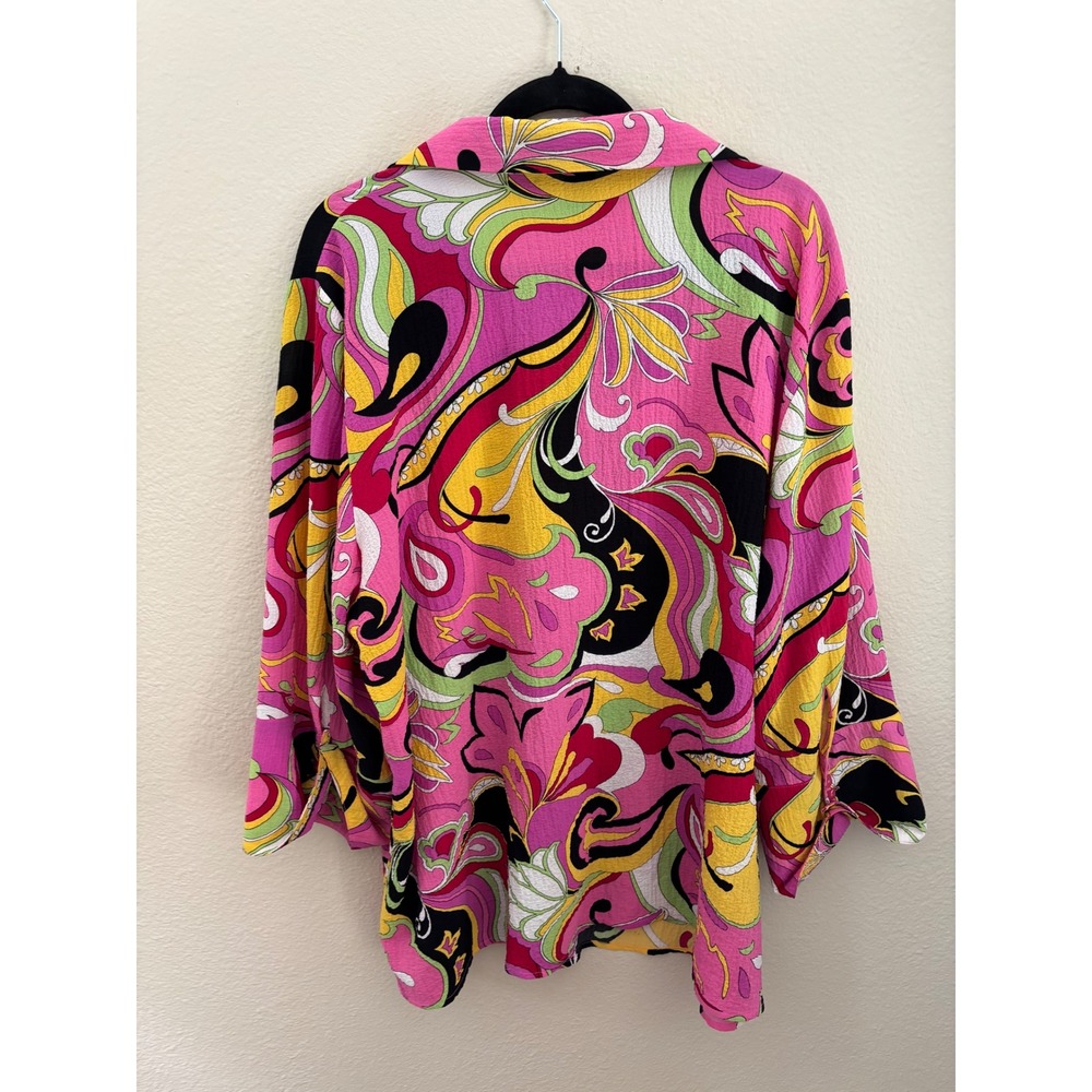 Milano Woman Pink Psychedelic Paisley Floral Crinkle Blouse Plus Size 3X A1027 - Picture 2 of 4